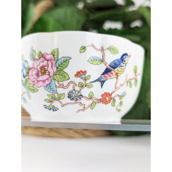 White Porcelain Bowl Gold Trim Floral Vintage Fine China Blue Birds Pink Floral - Picture 7 of 10